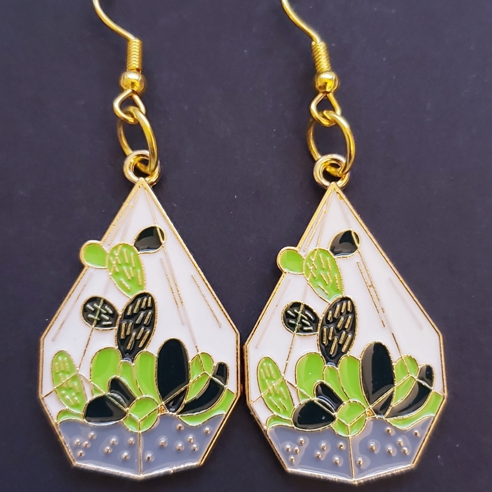Handmade Gold Green Boho Terrarium Succulent Plant Dangle Earrings